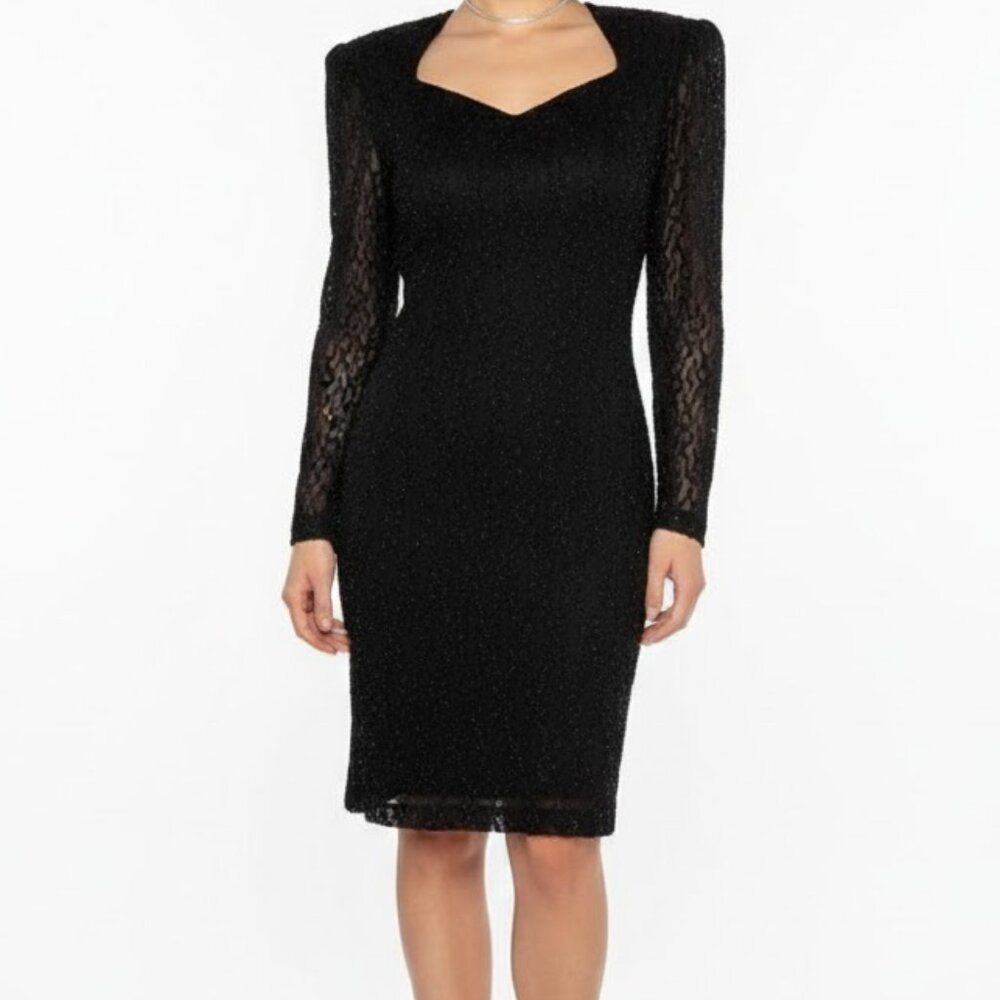 Vintage 90s Black Glittery Long Sleeve Mini Cocktail Dress